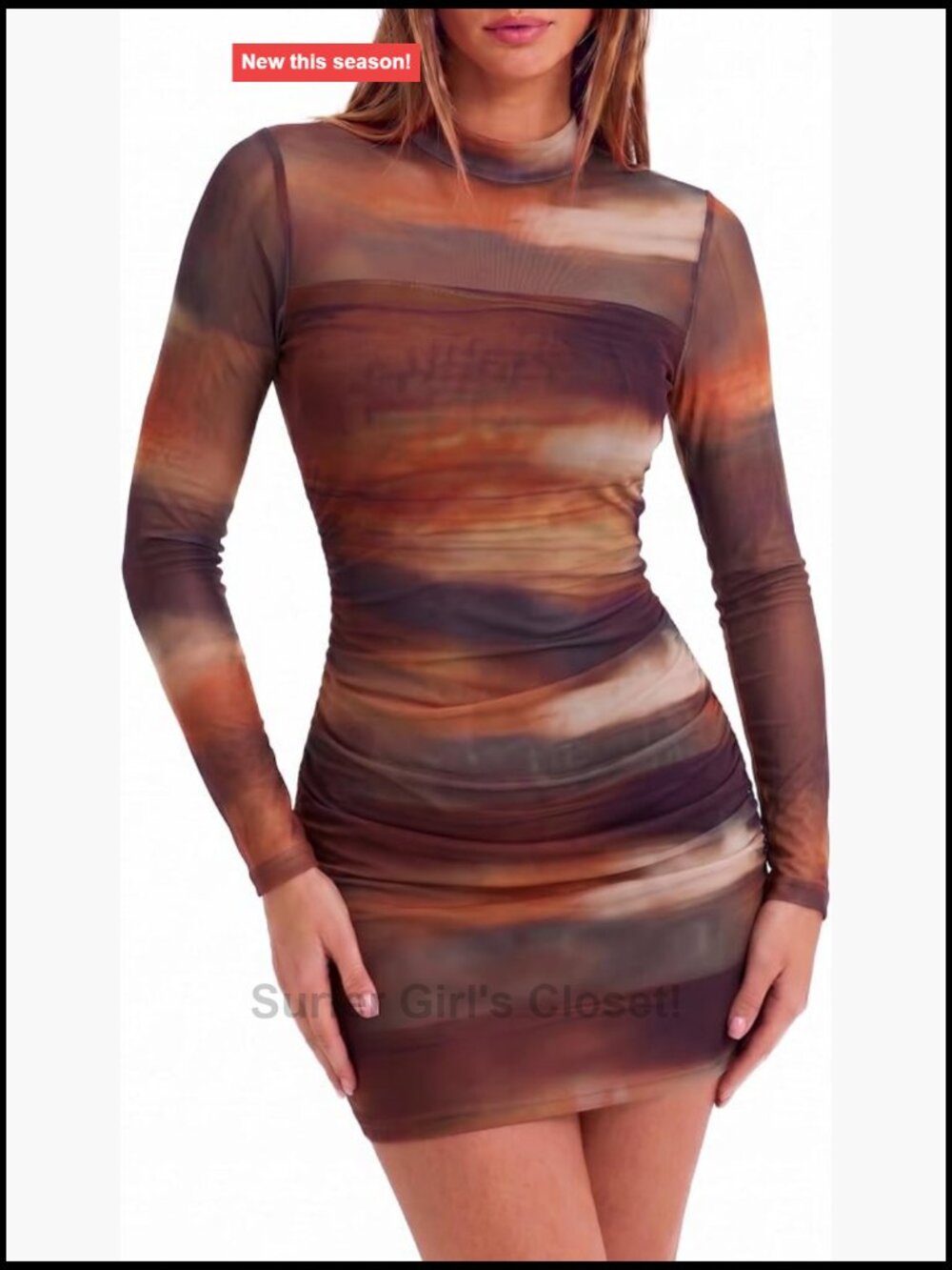 Zeagoo Women's Mesh Sheer Long Sleeve Dress Ruched Bodycon Mock Neck Dress